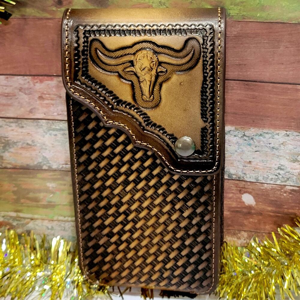 Longhorn Leather Phone Holstor With Belt Clip LARGE 7x4" Basketweave Design